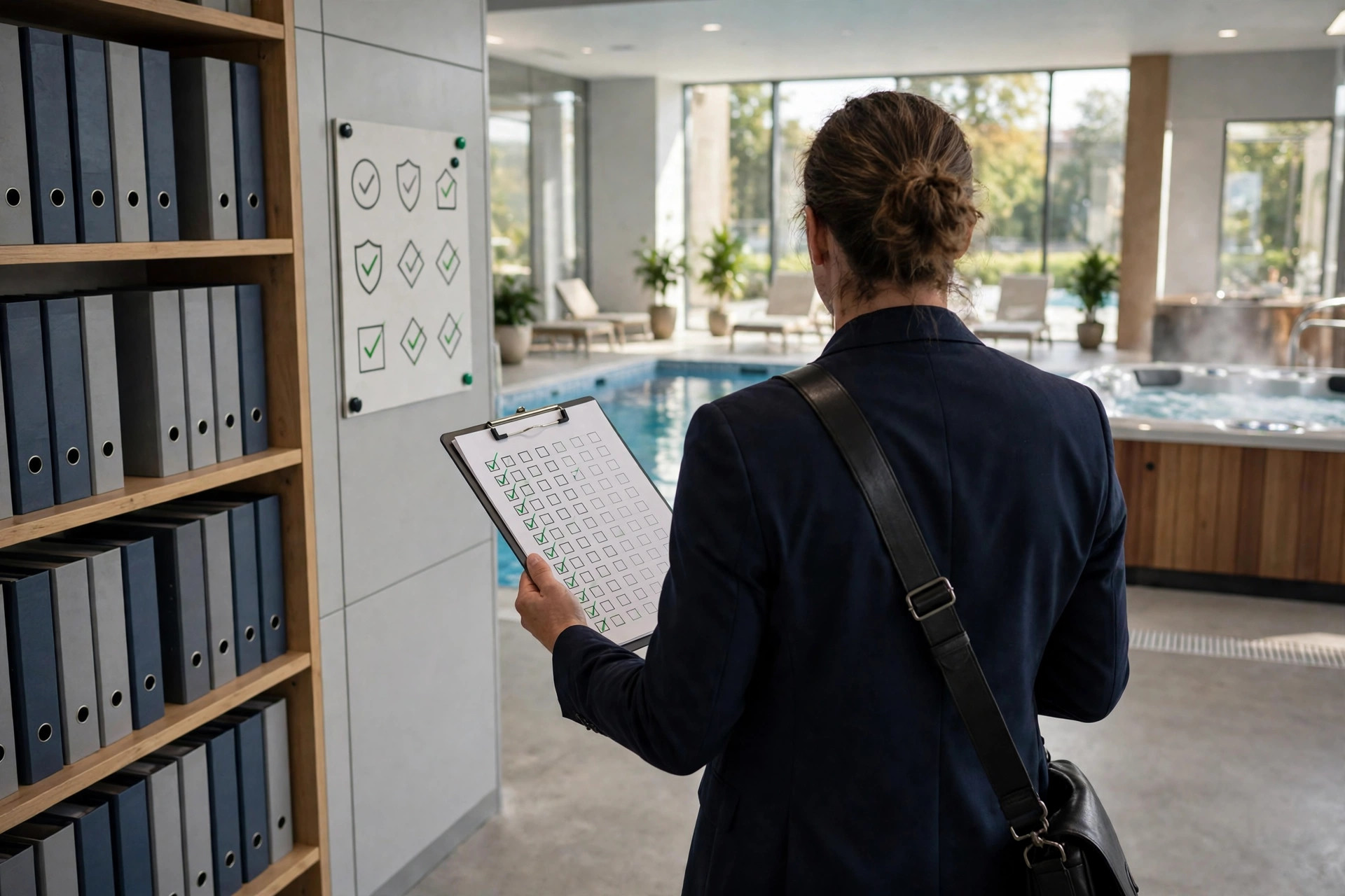 On-site compliance review walkthrough at a pool and spa facility
